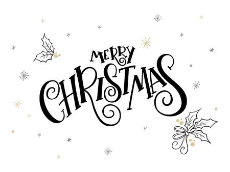 vector hand lettering christmas greetings text -merry christmas - with holly leaves and snowflakesのイラスト素材