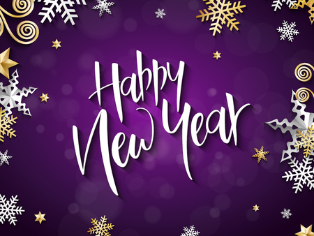 Vector illustration of new year party greetings card with hand lettering label - happy new year - with stars, sparkles, snowflakes and swirlsのイラスト素材