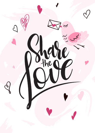 Vector illustration of valentine's day greetings card with hand lettering label - share the love - with doodle hearts and bird.のイラスト素材