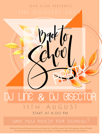 Vector illustration with design template for Back to school event poster with detailed bright autumn leaves and Back to School hand lettering label.のイラスト素材