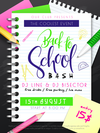 Vector illustration with design template for Back to school event poster with pencils, stationery and Back to School hand lettering label on notebook.のイラスト素材