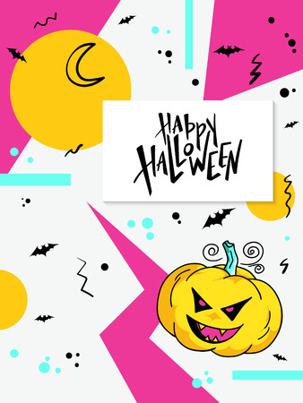 Vector illustration with design template for halloween event greetings card with pumpkin, doddle bats and happy halloween hand lettering label.のイラスト素材