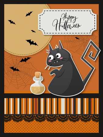 Vector illustration with design template for halloween event banner with detailed bright black cat, bats, spider web and happy halloween hand lettering label.のイラスト素材
