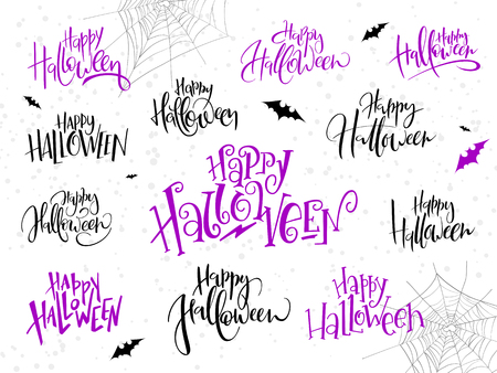 vector holiday happy halloween hand lettering label set written in various style with bats, spider web and dots.のイラスト素材