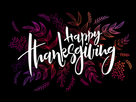 vector illustration of thanksgiving greeting hand lettering label - thanksgiving- with doodle brunches and leaves.のイラスト素材