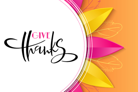 Vector greeting thanksgiving banner with hand lettering label - give thanks - with bright autumn paper leaves and doodle feathers.のイラスト素材