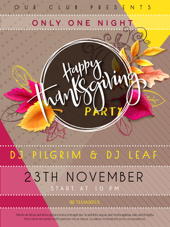 Vector illustration of thanksgiving party poster with hand lettering label - happy thanksgiving - with bright autumn leaves and doodle feathers.のイラスト素材