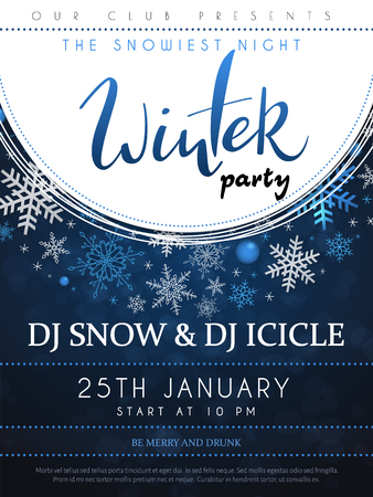 Vector illustration of winter party poster with hand lettering label - winter - with snowflakes.のイラスト素材