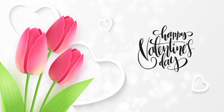 Vector illustration of valentine's day greetings card template with hand lettering label - happy valentine's day - with tulips flower and heart shapes.のイラスト素材