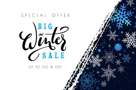 Vector illustration of sale promotion banner template with hand lettering label - winter - with snowflakes.のイラスト素材
