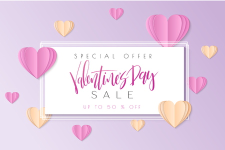 Vector illustration of valentine's day promotion banner template with hand lettering label - valentine's day - with paper heart shapes.のイラスト素材