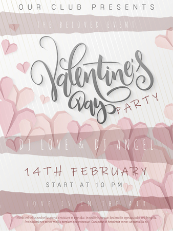 Vector illustration of valentine's day party poster template with hand lettering label - happy valentine's day - with paper origami heart shapes.のイラスト素材