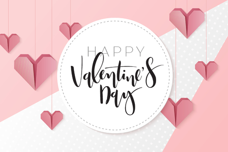Vector illustration of valentine's day greetings card template with hand lettering label - happy valentine's day - with hanging paper origami heart shapes.のイラスト素材