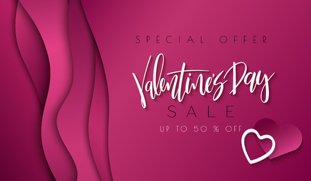 Vector illustration of valentine's day promotion banner template with hand lettering label - valentine's day - with paper origami heart shapes on waves background.のイラスト素材