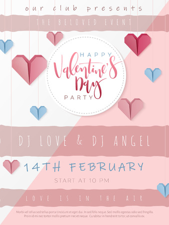 Vector illustration of valentine's day party poster template with hand lettering label - happy valentine's day - with paper origami heart shapes.のイラスト素材