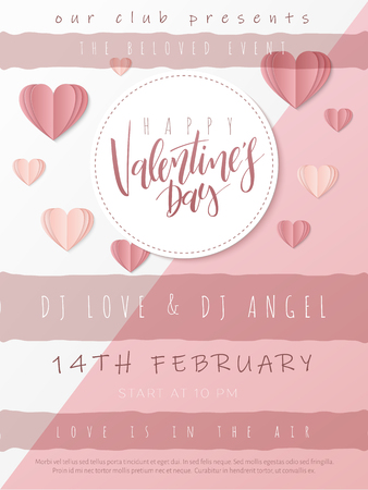 Vector illustration of valentine's day party poster template with hand lettering label - happy valentine's day - with paper origami heart shapes.のイラスト素材