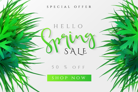 Vector illustration of spring promotion banner template with hand lettering label - spring - with realistic grass and leaves.のイラスト素材