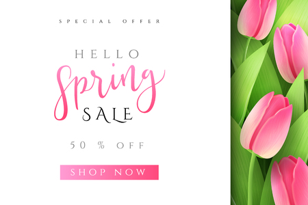 Vector illustration of spring promotion banner template with hand lettering label - spring - with realistic tulip flowers.のイラスト素材