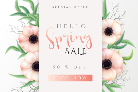 Vector illustration of spring promotion banner template with hand lettering label - spring - with realistic anemone flowers and eucalyptus leaves.のイラスト素材