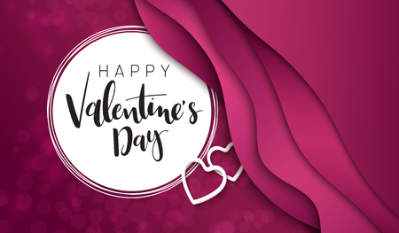 Vector illustration of valentine's day promotion banner template with hand lettering label - valentine's day - with paper origami heart shapes on waves background.のイラスト素材
