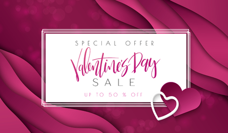 Vector illustration of valentine's day promotion banner template with hand lettering label - valentine's day - with paper origami heart shapes on waves background.のイラスト素材