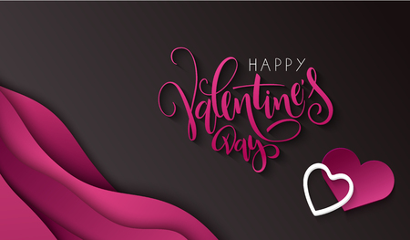 Vector illustration of valentine's day promotion banner template with hand lettering label - valentine's day - with paper origami heart shapes on waves background.のイラスト素材