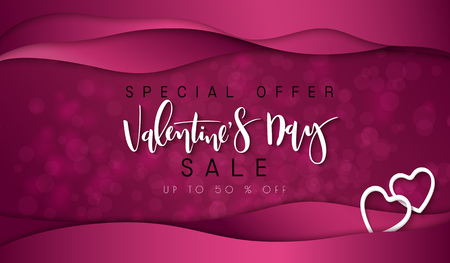 Vector illustration of valentine's day promotion banner template with hand lettering label - valentine's day - with paper origami heart shapes on waves background.のイラスト素材