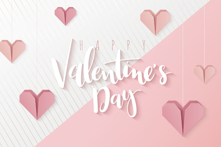 Vector illustration of valentine's day greetings card template with hand lettering label - happy valentine's day - with hanging paper origami heart shapes.のイラスト素材