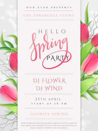 Vector illustration of spring party poster template with lettering label, tulip flowers and flares.のイラスト素材
