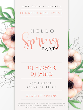 Vector illustration of spring party poster template with lettering label, anemone flowers.のイラスト素材