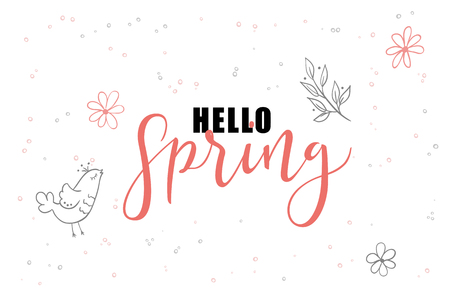 vector hand lettering hello spring greetings label with doodle hanging baubles and flowers.のイラスト素材