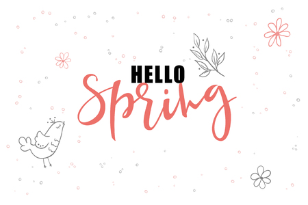 vector hand lettering hello spring greetings label with doodle hanging baubles and flowers.のイラスト素材