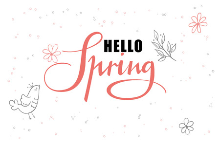 vector hand lettering hello spring greetings label with doodle hanging baubles and flowers.のイラスト素材