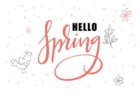 vector hand lettering hello spring greetings label with doodle hanging baubles and flowers.のイラスト素材