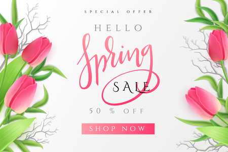 Vector illustration of spring promotion banner template with hand lettering label - spring - with realistic tulip flowers.のイラスト素材