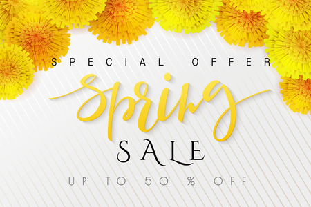 Vector illustration of spring promotion banner template with hand lettering label - spring - with realistic yeallow dandelion flowers.のイラスト素材
