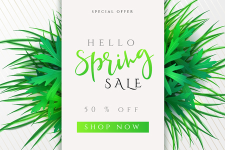 Vector illustration of spring promotion banner template with hand lettering label - spring - with realistic grass and leaves.のイラスト素材