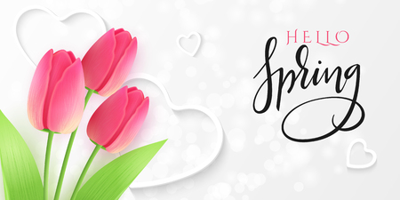 Vector illustration of hello spring greetings banner template with hand lettering label - spring - with realistic tulip flowers.のイラスト素材