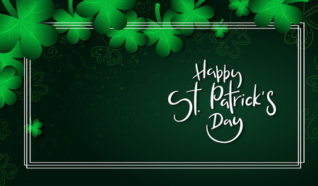 Vector illustration of saint patricks day greetings banner template with hand lettering label - happy st. patrick's day- with realistic clover leaves.のイラスト素材