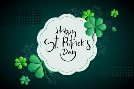 Vector illustration of saint patricks day greetings banner template with hand lettering label - happy st. patrick's day- with paper origami clover leaves.のイラスト素材