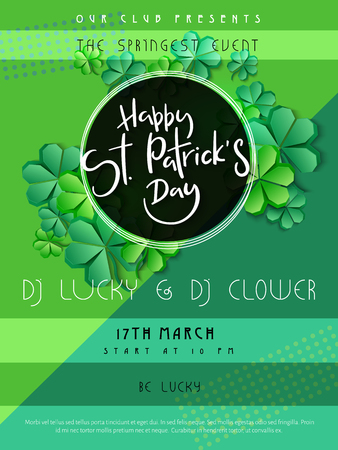Vector illustration of saint patricks day invitation party poster template with hand lettering label - happy st. patrick's day- with paper origami clover leaves.のイラスト素材