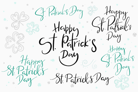vector hand lettering happy saint patrick's day phrases set with doodle clower leaves.のイラスト素材