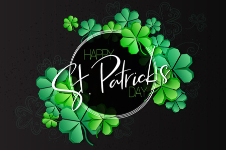 Vector illustration of saint patricks day greetings banner template with hand lettering label - happy st. patrick's day- with paper origami clover leaves.のイラスト素材