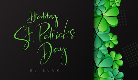 Vector illustration of saint patricks day greetings banner template with hand lettering label - happy st. patrick's day- with paper origami clover leaves.のイラスト素材