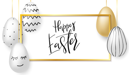 Vector illustration of easter day greetings banner template with hand lettering label - happy easter- with realistic white, black and gold eggsのイラスト素材