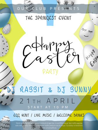Vector illustration of easter day invitation party poster template with hand lettering label - happy easter- with realistic eggs.のイラスト素材
