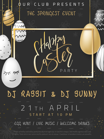 Vector illustration of easter day invitation party poster template with hand lettering label - happy easter- with realistic eggs.のイラスト素材