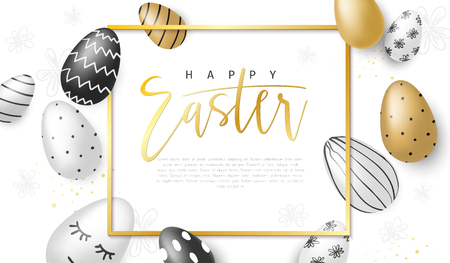 Vector illustration of easter day greetings banner template with hand lettering label - happy easter- with realistic white, black and gold eggsのイラスト素材