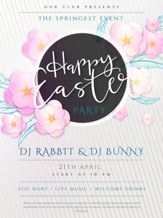 Vector illustration of easter day invitation party poster template with hand lettering label - happy easter- with paper origami spring apple flowersのイラスト素材