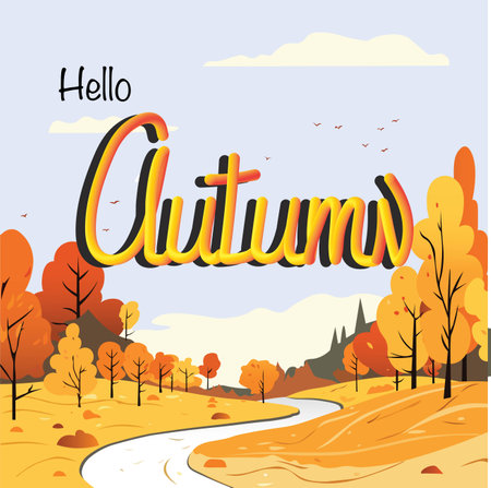 Autumn background vector illustration. warm colors landscape. Banner illustration "Hello autumn". River and trees, autumn design landscape.のイラスト素材